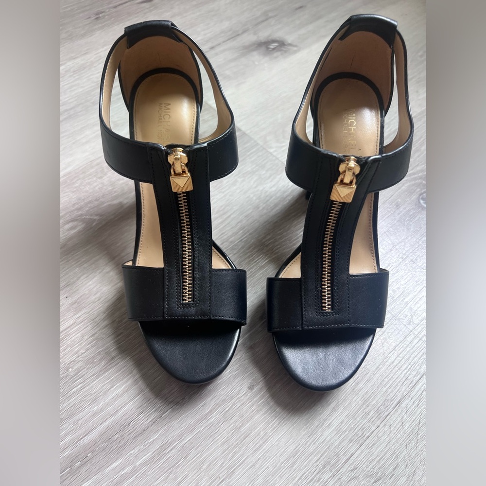 Michael Kors Black Leather T-Strap Heels with Gold Zip Detail